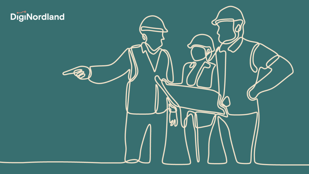 Illustrasjon med one-line-figur av mennesker på byggeplass