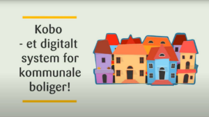 Bilde med teksten "Kobo - et digitalt system for kommunale boliger" og illustrasjon av boliger i klynge